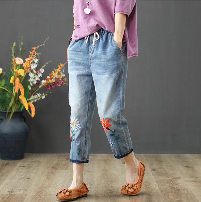 レデイースデニムパンツ 七分刺繍ゆったりジーン...の紹介画像2