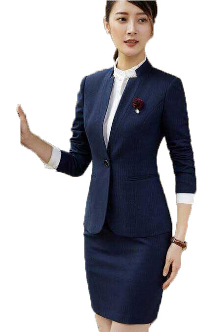 二点送料無料/春秋冬レディース用ストライプスカートスーツ/上下二点スーツセット/上質フォマールスーツ/通勤スーツ/入学式 卒業式職場定番スリムスーツ/ワイシャツ/一つボタン/単品購入可/黒ネイビー2色