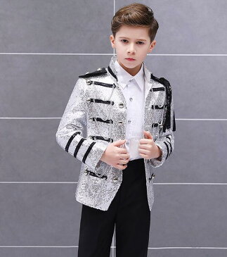 子供舞台ステージ衣装 男の子スーツジャケット スパンコールスーツコート 欧米王子様衣装 タキシード 礼服 発表会演奏会ダンス衣装 きらきら舞台スーツ ジャズダンス衣装 学園祭演出服 ブラック シルバー レッド 送料無料