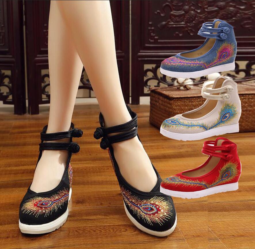 厚底チャイナシューズ ヒール6cm 可愛いチャイナ靴 春夏パンプス スニーカー 羽毛 スパンコール 華やか中華靴 オシャレ 民族エスニック中華シューズ 疲れない...
