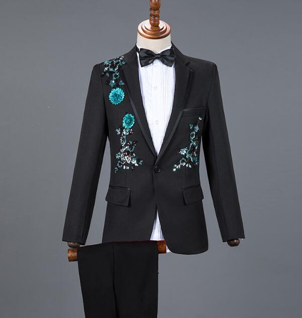 舞台ステージ衣装　メンズスーツ　上下2点セット　カラースーツ　スパンコール立体花柄ジャケット＋ズボン　男性用ステージ舞台衣装　コスプレスーツ　イベント・パーティ演出服　カラオケ司会者衣装　忘年会ダンス衣装