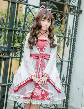 ワンピース ロリータドレス 羽織 ゴスロリワンピース 可愛いお姫様ドレス 桜花びら 金魚 長袖 膝丈 lolita仮装 コスチューム 和風舞台 ステージ衣装 ハロウィンイベント衣装 着物 リボン 髪飾りあり 送料無料