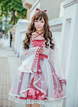 ワンピース ロリータドレス 羽織 ゴスロリワンピース 可愛いお姫様ドレス 桜花びら 金魚 長袖 膝丈 lolita仮装 コスチューム 和風舞台 ステージ衣装 ハロウィンイベント衣装 着物 リボン 髪飾りあり 送料無料