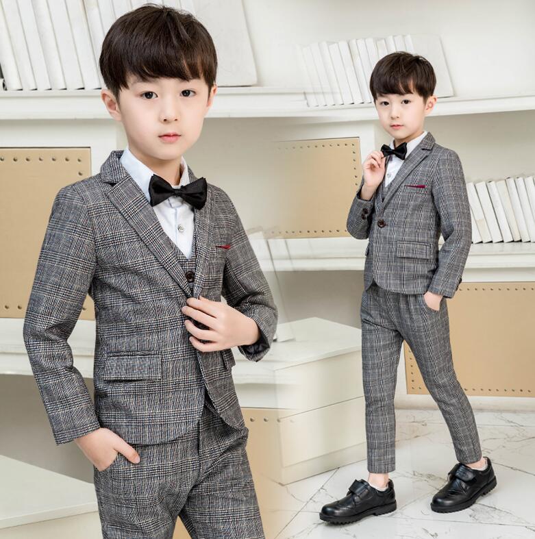 スーツ 子供服 男の子 キッズスーツ 長袖フォマールスーツ3点セット 4点セット 5点セット チェックジャケット 長ズボン ジレ ベスト ワイシャツ ネクタイ 組合せ可 結婚式 発表会 イベント 新年会 舞台ステージ衣装 春 秋 グレー