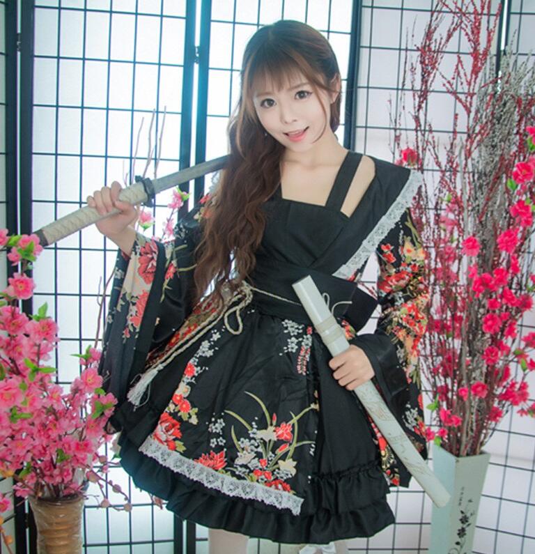 着物 花魁 コスプレ レディース メイド服 和柄 ドレス 膝丈 着物ドレス レイヤード風ワンピース ステージ衣装 ダンス 衣装 ハロウィン 巫女 仮装 変装 コスチューム 大人 可愛い セクシー レース 裾フリル 大きいリボン COSPLAY ブラック レッド S～3XL 大きいサイズあり