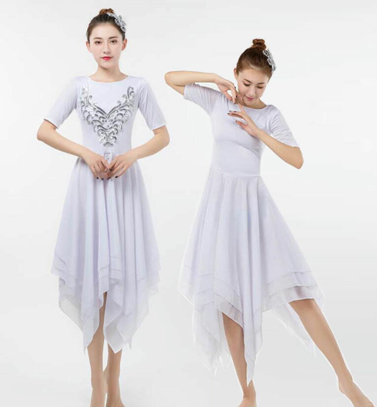 モダンドレス バレエダンス衣装 社交ダンスドレス 裾フリル ワンピース 半袖 フレア ミモレ丈 レディース 大人 ラテンダンス衣装 ワルツ タンゴ ダンス 衣装 無地 スパンコール 蝶 エレガント 社交ダンスウェア シフォン3枚重ね レイヤード アシンメトリー 白 黒 赤 S～3XL