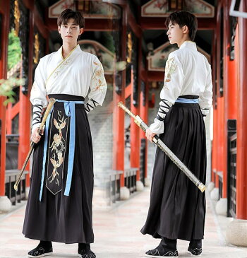 男性コスプレ衣装 メンズチャイナ服 漢服 唐装 中華服 上下セットアップ 長袖トップス ロング袴風スカート 金色フェニックス 花 刺しゅう エスニック 中国古代伝統民族衣装 中華風ハロウィン 仮装 変装 おしゃれ イベント 学園祭 文化祭 舞台ステージ衣装 白+黒 送料無料