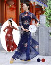 古典舞踊ダンスウェア ロング丈 チャイナドレス チュール シースルー 花柄 チャイナ服 ロング ダンスウェア 七分袖 チャイナブラウス サイドスリット エレガン...