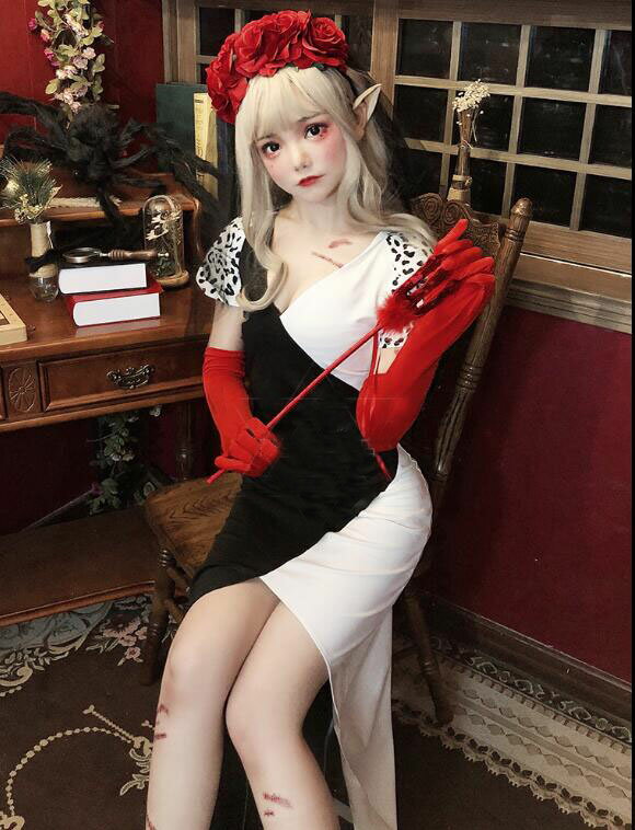 ハロウィン 豹柄 ワンピース 白黒切替 Vネック ワンピース 半袖 レディース タイト...