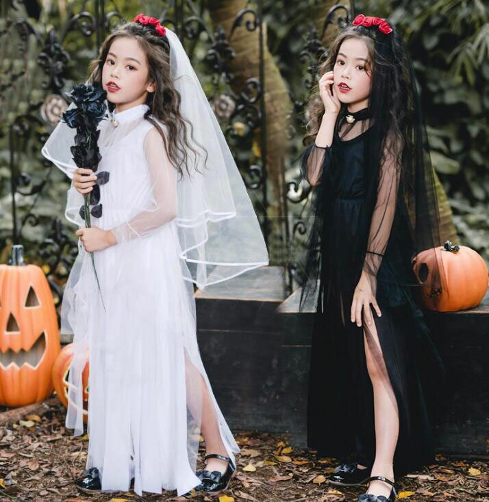 ハロウィン コスプレ 子供用 ゴシック＆ロリータ ロング ワンピース 暗黒系 鬼花嫁 悪魔 魔女 吸血鬼 コスチューム 首飾り ロングベール 薔薇髪飾り チュール ロングドレス お姫様系 ハロウィーン 仮装 女の子 キッズ COSPLAY リボン裾 イベント 学園祭 ハロウィーン 白 黒