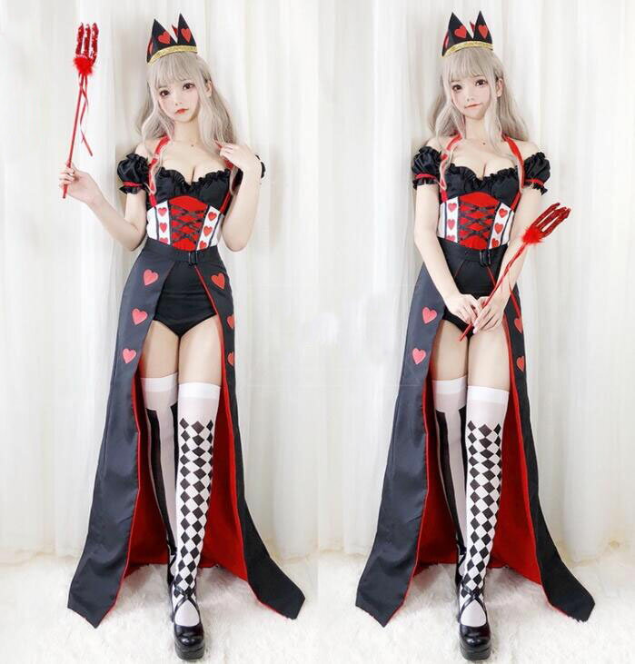 ハロウィン衣装 女王様 クイーン Queen コスプレ衣装 女性 大人用 セクシー コスチューム 半袖 ロング丈 ワンピース ベルト ハート 髪飾り 王冠 プリンセス 黒☓赤レオタード スカート取外し可 ハロウィーン 悪魔 魔女 COSPLAY 魔法使い