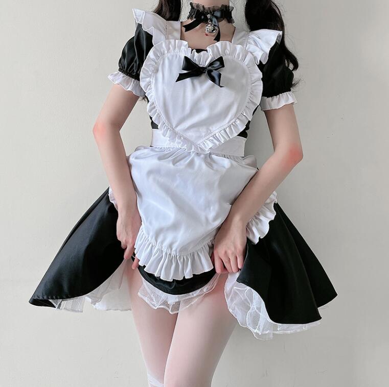 メイド服 半袖 コスプレ 膝丈 メイドコスチューム 女性 大人 可愛い ロリータメイド服 ショート丈ワンピース お姫様 ハートエプロンドレス フリル リボン キョート ウェイトレス ハロウィン衣装 イベント 学園祭 仮装 変装 カチューシャ付 黒 ワイン ピンク ブルー