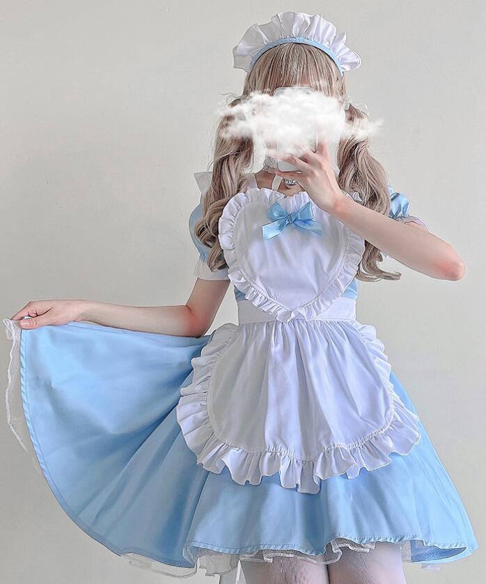 コスプレ メイド服 半袖 膝丈 ワンピース ハロウィン衣装 女性 大人 可愛い ロリータメイド服 ウェイトレス お姫様 ハート エプロンドレス フリル リボン コスチューム ハロウィーン イベント 学園祭 仮装 変装 カチューシャ付 黒 ワイン ピンク ブルー