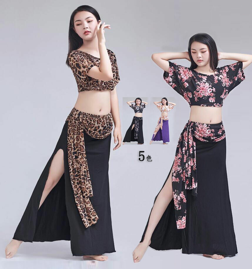 ベリーダンス衣装 セット 花柄 ヒョウ柄 トップス 半袖 ショート丈 へそ出し ロングスカート 花柄ヒップスカーフ付き スリット セクシー社交ダンス衣装 練習着...