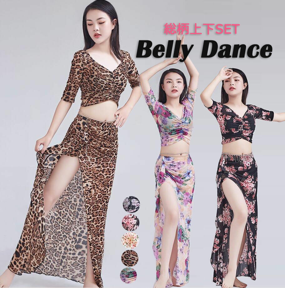 ベリーダンス衣装 セットアップ Belly dance 練習着 レッスンウェア 半袖トップス＋ロングスカート 花柄 豹柄 総柄2点セット Vネックブラウス スリットスカート シースルー セクシー社交ダンスウェア 女性 大人 ダンス 衣装 セット S M L XL 2XL 3XL 黒花 紫花 ヒョウ柄 赤花