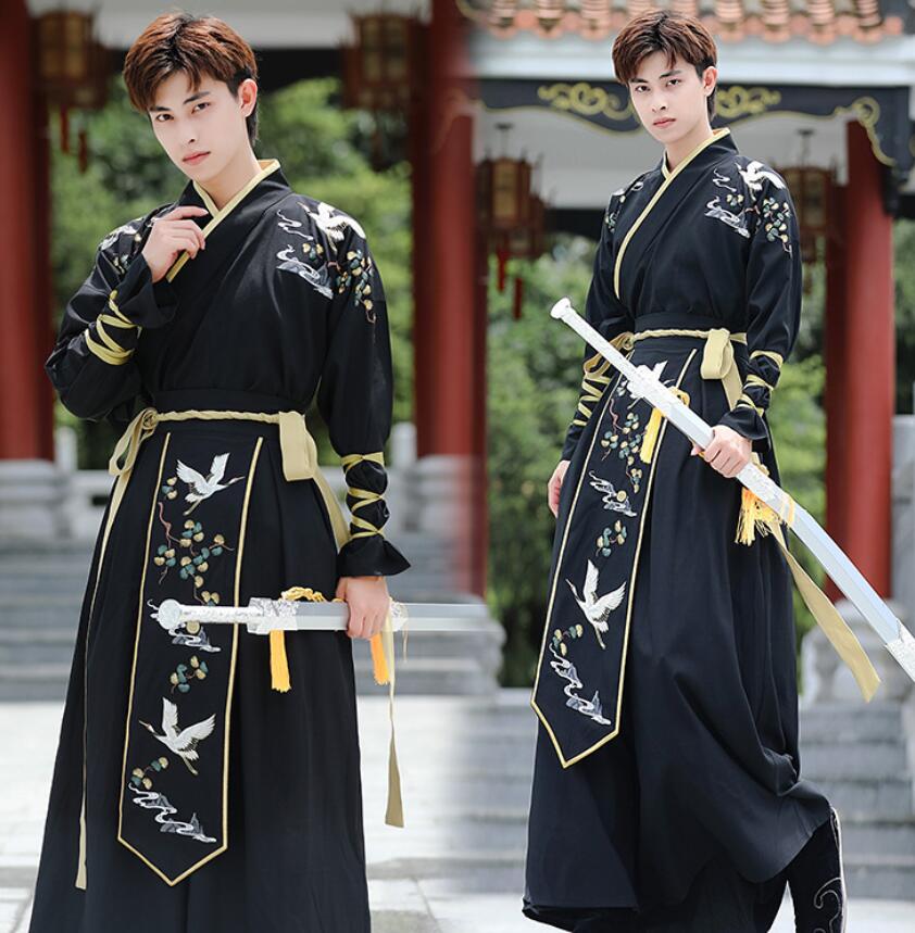 中華コスプレ衣装 メンズチ ャイナ服 漢服 中華服上下セットアップ 男性 大人 チャイナドレス 中華衣装 長袖 袴風スカート 華流コスチューム 舞台 ステージ衣装 エスニックな刺しゅう 鶴 中国古代時代劇 仮装 変装 おしゃれ イベント ハロウィン衣装 S～4XL 送料無料