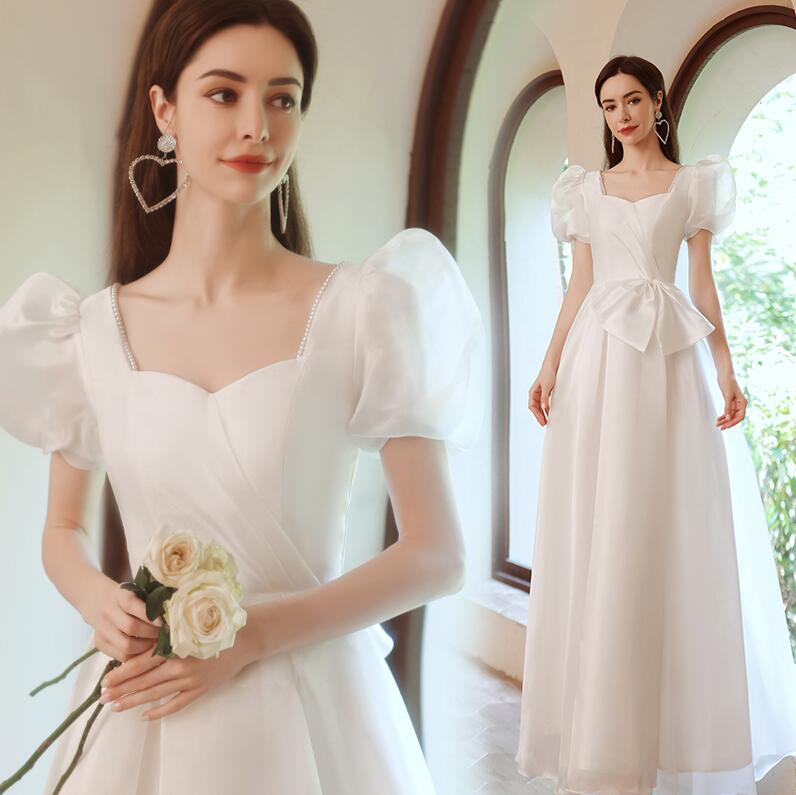 ウエディングドレス ロング丈 フォマール ドレス パフスリーブ ロングドレス 大きいリボン シンプル パーティー ドレス 結婚式 二次会 お呼ばれ 演奏会 発表会 ドレス 美シルエット 半袖 礼服 エレガント ワンピース ホワイト XS~3XL 送料無料