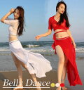 ベリーダンス 衣装 セットアップ レディース セクシー系 Belly dance 社交ダンス 衣装セット インナーパンツ付き 五分袖 前開Vネック リボン結び ミドリフトップス＋サイドスリット ロングスカート フリル裾 飄逸 シースルー ダンス練習着 レッスン着 無地 白 赤 緑S M L