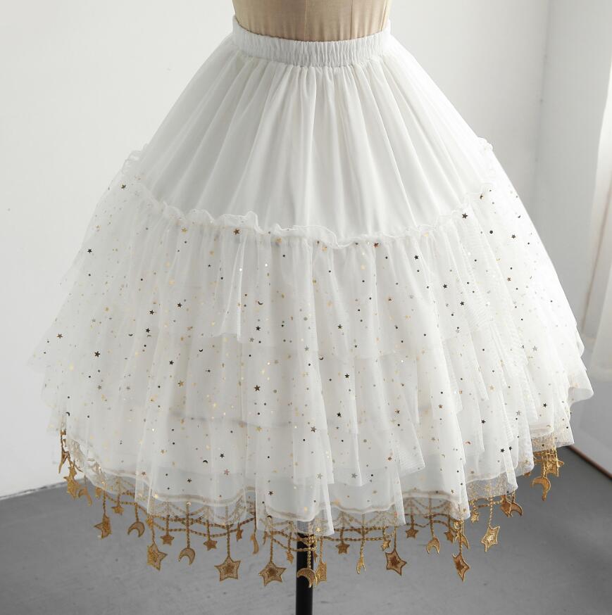 丈65cmパニエ　チュールパニエ　大人用　ロリータ　ゴスロリドレス　メイド服　ふわふわパニエ　チュチュチュスカート　膝丈　ワイヤーあり　ボリューム　星月柄スパンコール　フリンジ　可愛い　コスプレ衣装　ダンス衣装　コスチューム