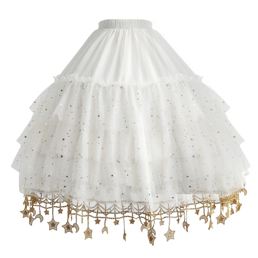 丈65cmパニエ　チュールパニエ　大人用　ロリータ　ゴスロリドレス　メイド服　ふわふわパニエ　チュチュチュスカート　膝丈　ワイヤーあり　ボリューム　星月柄スパンコール　フリンジ　可愛い　コスプレ衣装　ダンス衣装　コスチューム