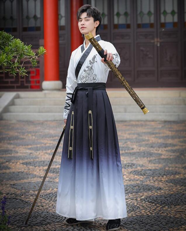 S−5XLメンズ漢服唐装 おしゃれ男性用グラデーション中華服 チャイナ風舞台ステージ衣装 上下セット 中華ハロウィン　コスプレ衣装 白×黒 刺繍 チャイナ服 大人 男子 イベント 学園祭ダンス衣装 武術カンフー衣装 送料無料 junchan-10007123 純の洋服屋さん サンプル画像2