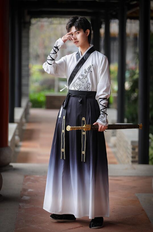 S−5XLメンズ漢服唐装 おしゃれ男性用グラデーション中華服 チャイナ風舞台ステージ衣装 上下セット 中華ハロウィン　コスプレ衣装 白×黒 刺繍 チャイナ服 大人 男子 イベント 学園祭ダンス衣装 武術カンフー衣装 送料無料 junchan-10007123 純の洋服屋さん サンプル画像3