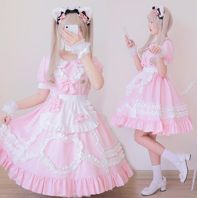 ロリータワンピース メイド服 半袖 ワンピース ピンク ロリータドレス ゴシック ゴスロリ ドレス ハロウィン衣装 コスプレ衣装 リボン 裾フリル 可愛い レディース 中学生 高校生 イベント 変装 仮装 コスチューム ウェイトレス 送料無料