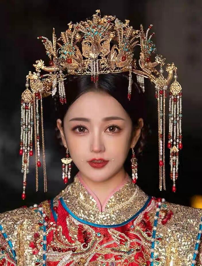 豪華な中国風ヘアアクセサリー 合金 古代皇后 貴妃用王冠 中華ハロウィン イベント コスプレグッズ 漢服 唐装 中華服用髪飾りセット 鳳凰 鳳冠 きらきら フリンジかんざし かぶり式 ティアラ 華流 演劇 舞台ステージ道具 送料無料