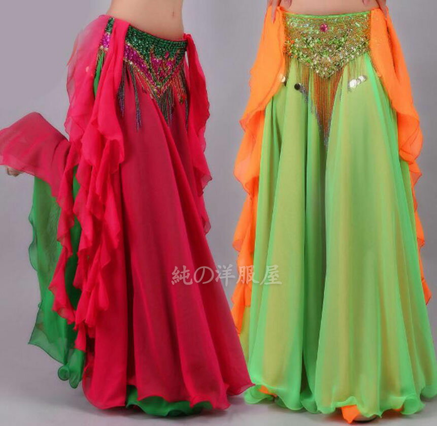ダンス スカート ロング丈 大きい裾 広がる スカート 色違い二重シフォン スリット リボン ひらひら 裾フリル 飄逸 フレア ベリーダンス 民族ダンス 古典ダ...