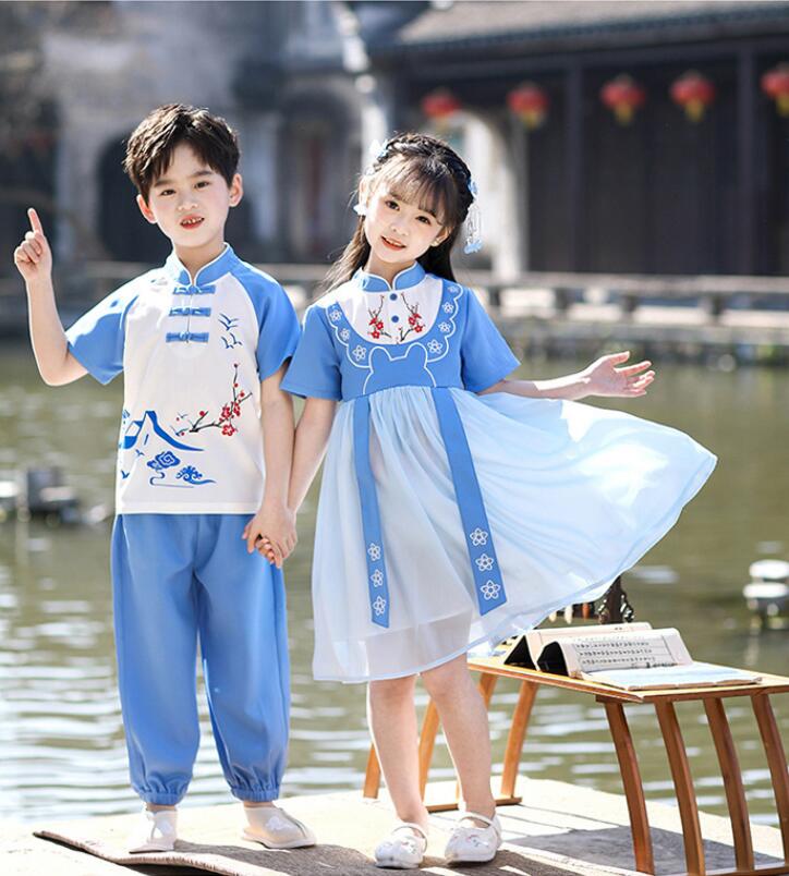 乐天商城 - 子供服 夏服 キッズ 学園服 スクール 制服 合唱 朗読会 演奏会 発表会 団体舞台衣装 ステージ衣装 男の子 半袖Tシャツ 長ズボン セット 女の子 半袖 ワンピース 中華風 ダンス衣装 中華服 チャイナカラー 華流 中華民族風衣装 チャイナ服 チャイナドレス 夏用 青 100～180cm