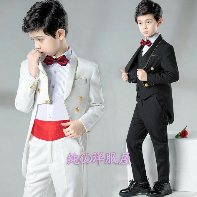 キッズ タキシード 礼服 スーツ3点セット 男の子 燕尾服 フォマール スーツ モーニングコート ステージ衣装 結婚式 パーティー 発表会 演奏会 ショー 舞台 演出 ダンス衣装 金色縁取り 金属ボタン おしゃれ 王子様 紳士服 白 黒 100 110 120 130 140 150 160 170cm