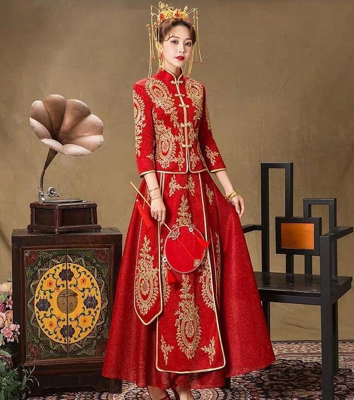 中華服 上下2点セットアップ 七分袖 長袖 チャイナ服 セット服 中国風結婚式 披露宴 新婦 花嫁衣装 華流 古典ウエディングドレス 金色な刺繍 改良チャイナドレス 女性 大人 中華衣装 ワインレッド 小さいサイズ 大きいサイズ S M L XL 2XL 3XL 4XL 5XL