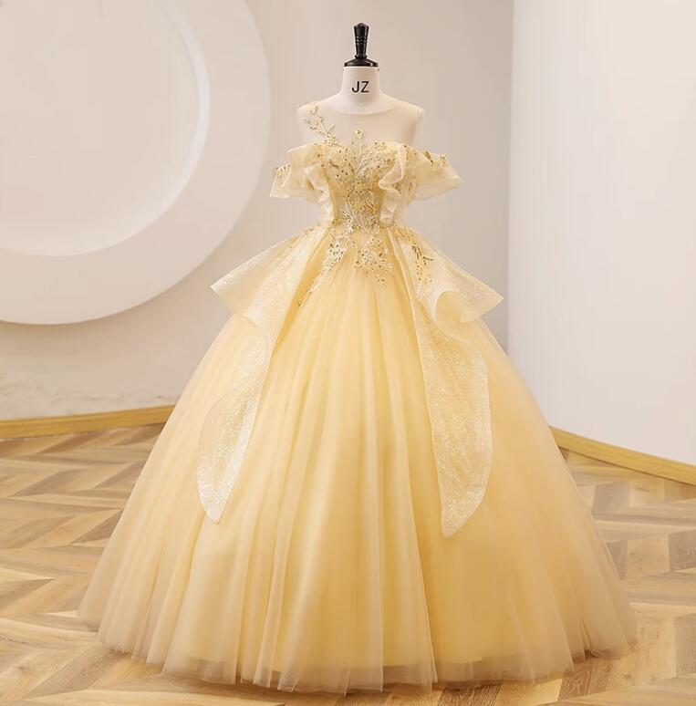 カラードレス ロング丈 マキシ丈 ドレス レディース パーティー 二次会 フリルドレス 黄色 きらきら 3D花柄 袖なし チュール スパンコール 花モチーフ ひらひら 蝶みたい ボリューム 歌手 司会 宴会 撮影 演奏会 発表会 演出ドレス 舞台 ステージ衣装 XS S M L XL 2XL 3XL