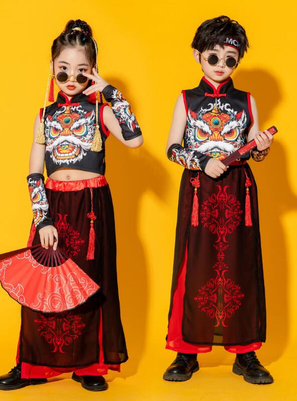 子供 ダンス衣装 4点セット 中華 中国風 ジャズ ヒップホップ ダンス衣装 袖なし ...