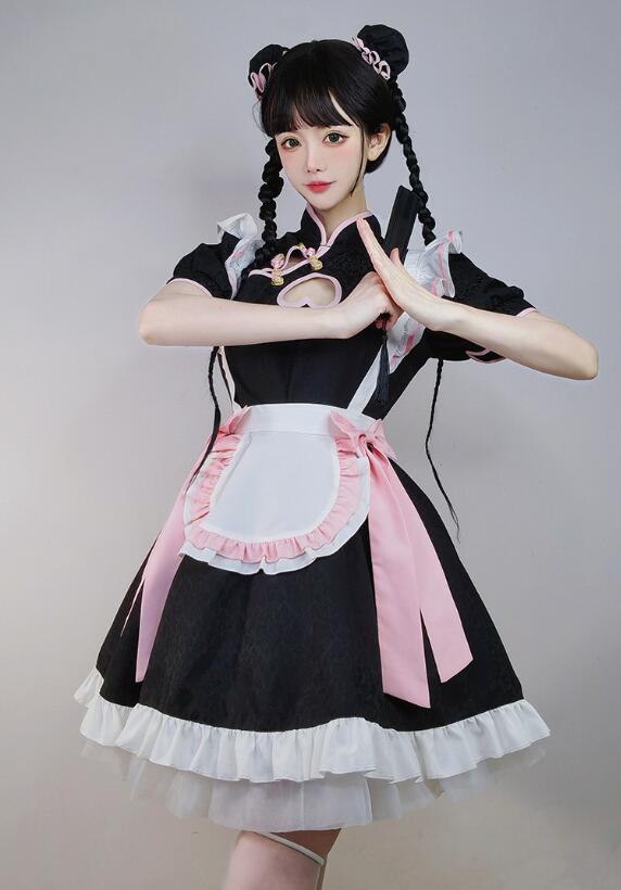 メイド服 女性 中華風 メイドコスプレ 衣装 半袖 膝丈 ショート丈 ロリータ ワンピース 中華 チャイナカラー 胸元にハートの穴開け エプロンドレス 大人 ジュニア ハロウィン メイドコス 蝶リボン 裾フリル 中華料理店 喫茶店 カッフェ 仮装 変装 カチューシャ お団子髪飾り