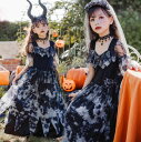 ハロウィン コスプレ衣装 子供 悪魔 巫女 ウィッチ 仮装 変装 女の子 半袖 ロング丈 ワンピース レース 裾フリル ゴスロリ ゴシック 暗黒系 デビル ゾンビ 吸血鬼 衣装 バラ花のベール付き2点セット ネックレス 髪飾り等小物追加可 黒 110 120 130 140 150