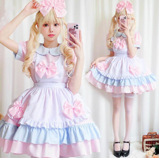 メイド服 大人 ロリータ ワンピース lolita メイドコス 膝丈 ショート丈 裾フリル 半袖 ワンピース エプロンドレス リボン カチューシャ有 ボリューム キュートのピンク色 萌え萌え 喫茶店 制服 ウェイトレス ハロウィン コスチューム 大きいサイズ有S M L L 2XL 3XL 4XL 5XL