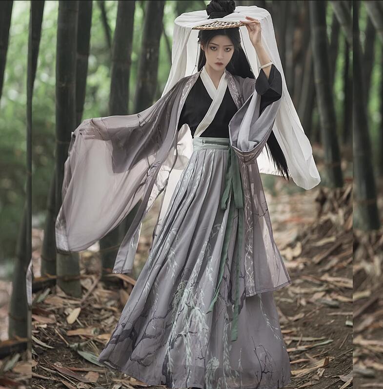 漢服 3点セット 大人 ユニセックス 暗色系 チャイナ服 コスプレ衣装 暗黒 中華服 レディース メンズ グレー系 中国古代服装 魏晋 交差襟 振袖 ロング羽織付き エスニックプリント柄 水墨 クール 侠客 男女兼用 中華 時代劇 コスチューム S M L XL