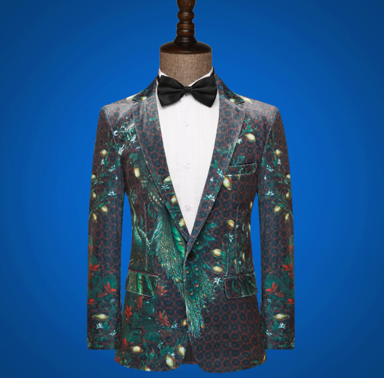 スーツ ジャケット ステージ衣装 舞台衣装 メンズ 一個釦 スーツ 黒地 総柄 孔雀 クジャク 撮影 演出 衣裳 カラオケ 忘年会 新年会 イベント パーティー 結婚式 余興 スーツ オールシーズン M L XL 2XL 3XL