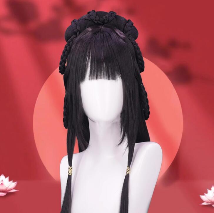 80CM レディース 中華風 コスプレかつら 華流 コスチュームグッズ 中華時代劇 中国古代古典美人髷まげ 全頭かつら フルウイッグ 中国古代宮廷 コスプレ 仮装 変装 かつら 辮髪 華流 舞台 ステージ 演出 撮影 道具 黒 フリンジかんざし 髪飾り追加可 2