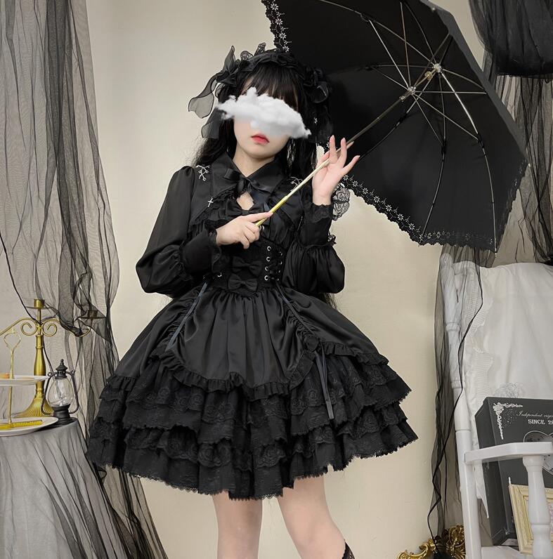 ゴシック＆ロリータ ワンピース ジャンパースカート フリル ロリータドレス ゴスロリ ロリータ服 黒 暗黒系 膝丈 ボリューム コスチューム 長袖のブラウス追加購入可 大人 Lolita Dress S M L