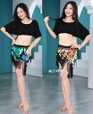 ベリーダンス衣装 上下2点セットアップ 半袖 ドルマン ショート丈 Tシャツ+スパンコール ショート丈 ヒップスカーフ きらきら 楕円形 膝丈 裾フリンジ 腰巻...