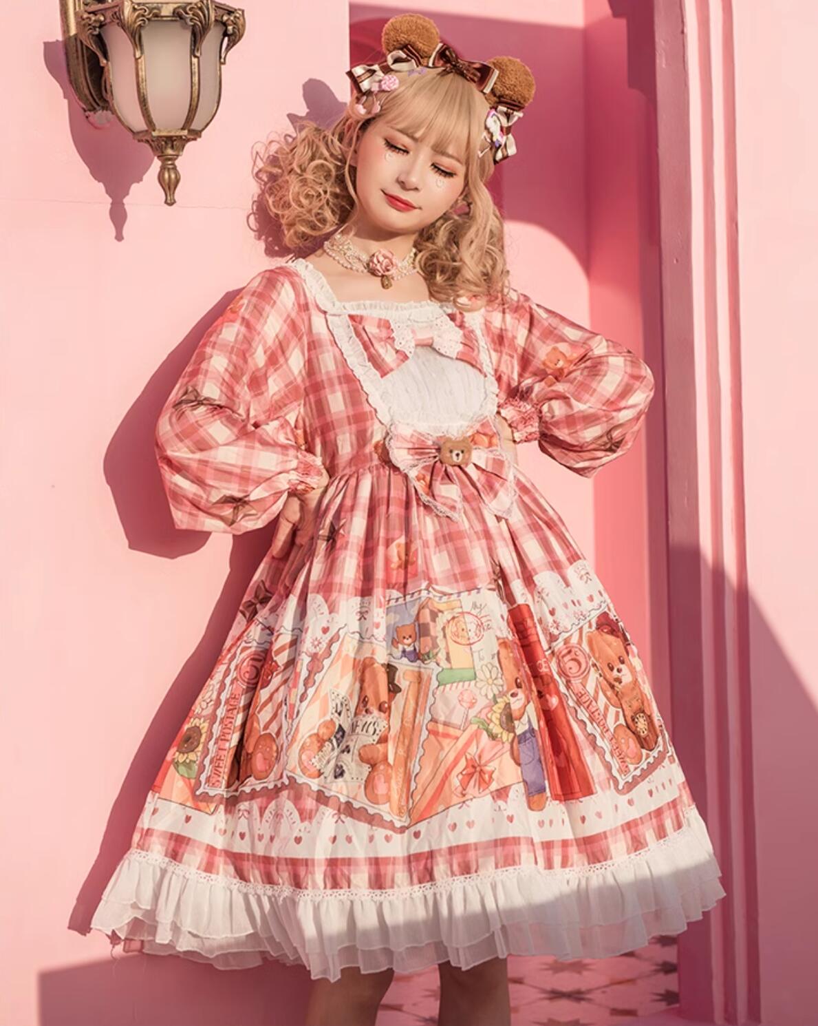 メイド服 ワンピース 長袖 ハイウエスト ロリータ ドレス ゴスロリ＆ロリータ服 女性 大人 可愛い お姫様 ドレス 膝丈 ミモレ丈 フリル リボン レース チェック柄 熊プリント LOLITA ハロウィン コスプレ衣装 仮装 舞台衣装 春 秋 冬 レッド系 S M L junchan-10008064 純の洋服屋さん サンプル画像2