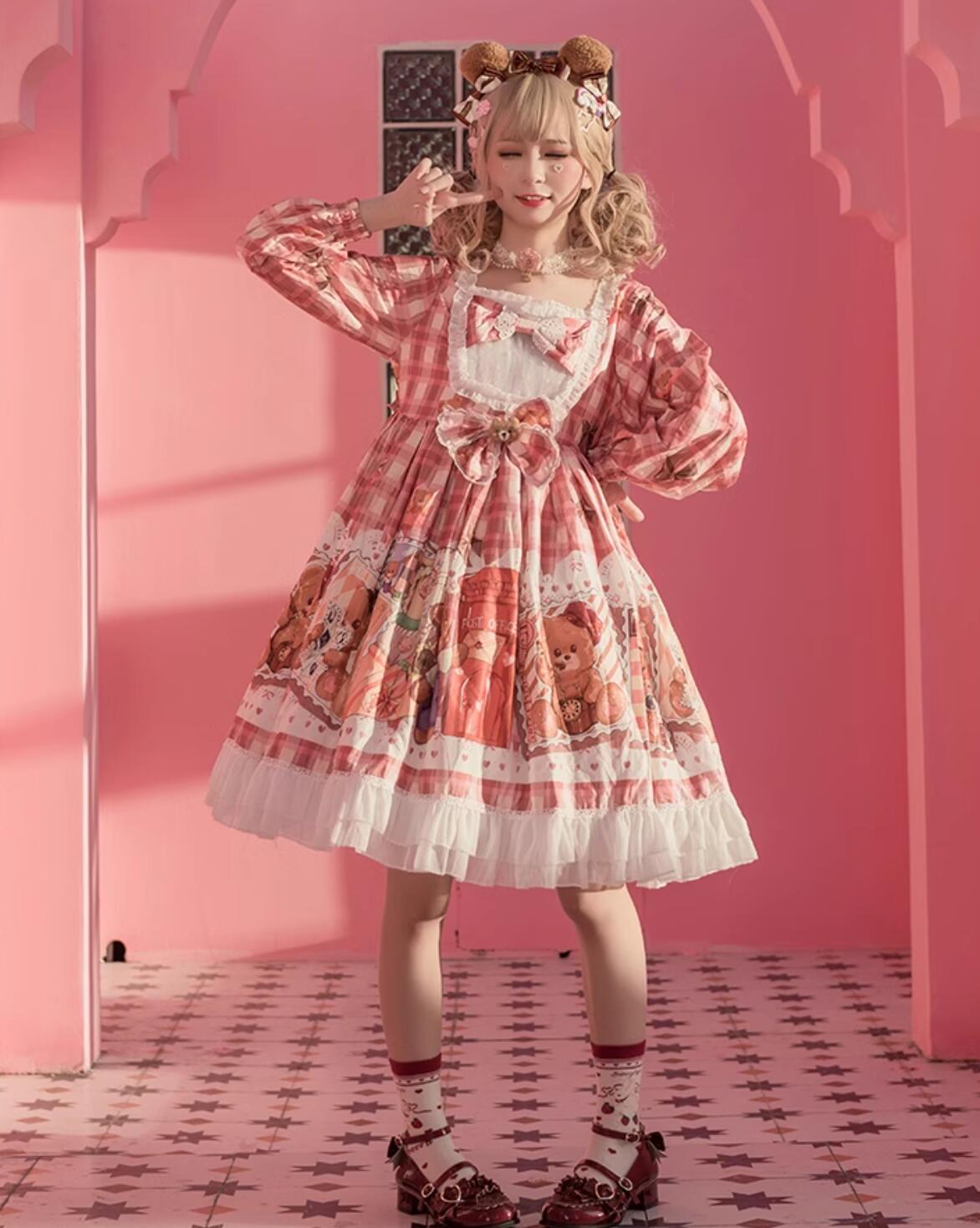 メイド服 ワンピース 長袖 ハイウエスト ロリータ ドレス ゴスロリ＆ロリータ服 女性 大人 可愛い お姫様 ドレス 膝丈 ミモレ丈 フリル リボン レース チェック柄 熊プリント LOLITA ハロウィン コスプレ衣装 仮装 舞台衣装 春 秋 冬 レッド系 S M L junchan-10008064 純の洋服屋さん サンプル画像3
