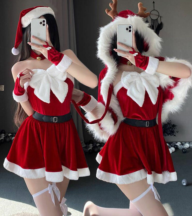 サンタ コスプレ衣装 レディース クリスマス ダンタコス セクシー サンタ コスチューム 可愛い6点セット 7点セット 帽子 ネックレス 手袋 タイツ付き ミニ スカートセットアップ トナカイ 馴鹿ケープ ポンチョ Christmas サンタクロース Cosplay レッド