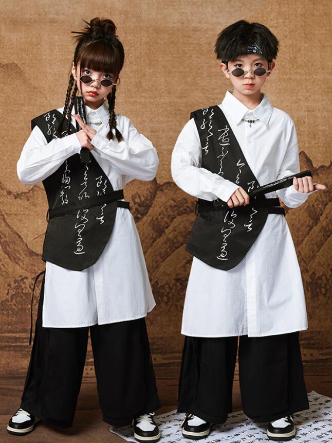 子供 ダンス衣装 ヒップホップ ストリートダンス衣装 チャイナ風 中華 ダンス衣装 ステージ衣装 長袖 ロング丈白シャツ 黒ワイド パンツ 袴パンツ シングル肩掛け ベスト おしゃれ 改良 カンフー 武術 舞台 衣装 女の子 男の子 中華風カジュアルパンツセットアップ