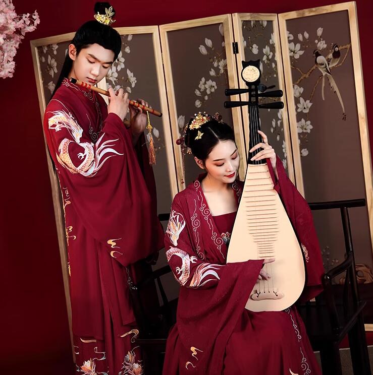 樂天商城 - 漢服 中華古典結婚式 新郎 新婦 ウエディングドレス 中国古代 漢唐古典 ブライダル 衣裳 メンズ レディース ワインレッド 華やか 中華衣裳 振り袖羽織付き3点セット 4点セット大きい龍 鳳凰 花 刺繍 華流 中華服 コスプレ衣装 S M L XL