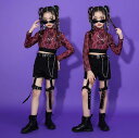 子供 ヒップホップ ダンス衣装 女の子 3点セットアップ HIPHOP JAZZ ダンス衣装 ワインレッド ヘビ柄 パイソン柄 ハイネック 長袖 ショート丈 トップス 黒いショートパンツ チェーン ベルト付き 個性 ガールズ 発表会 チアリーディング 舞台演出服 110-180