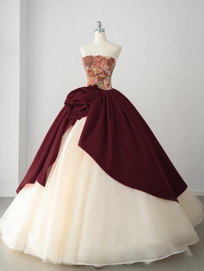 ウエディングドレス パーティードレス カラードレス 花モチーフ 大きいバラ 薔薇 お花 かわいい 結婚式 披露宴 ドレス ロング丈 花嫁 前撮り 後撮り ふわんり ロングドレス 二次会 お呼ばれ 宴会 発表会 演奏会 撮影 プリンセスドレス ボリューム ワイン＋シャンペン