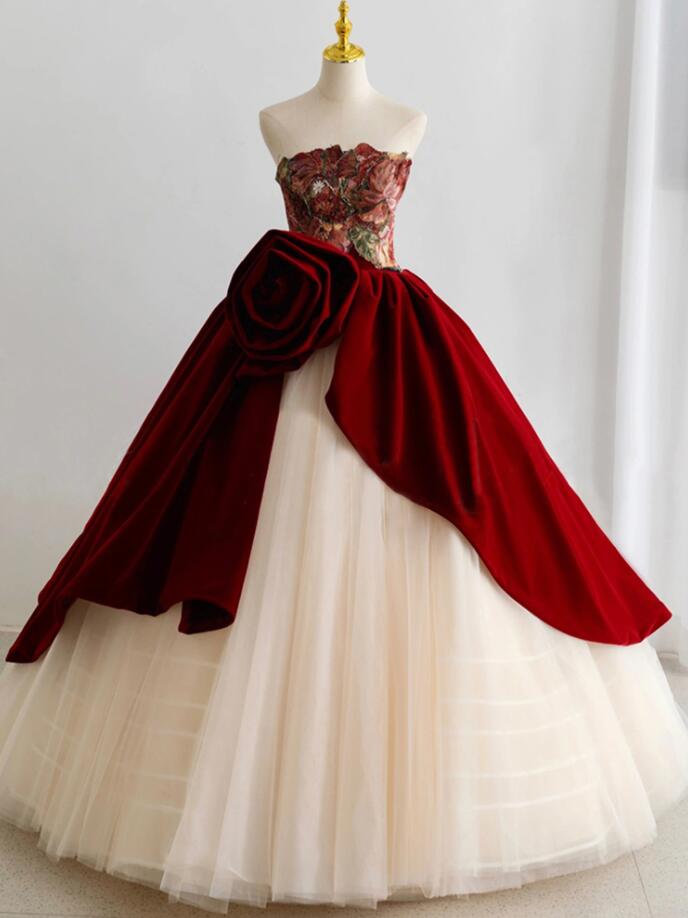 ウエディングドレス パーティードレス カラードレス 花モチーフ 大きいバラ 薔薇 お花 かわいい 結婚式 披露宴 ドレス ロング丈 花嫁 前撮り 後撮り ふわんり ロングドレス 二次会 お呼ばれ 宴会 発表会 演奏会 撮影 プリンセスドレス ボリューム ワイン＋シャンペン